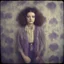 Placeholder: Sylvia sidney Hippie girl, jeans, purple fur, striped wallpaper, old autochrome