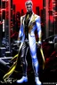 Placeholder: Striking hyper-realistic anime illustration of a powerful male protagonist, dressed in a white, red, black and gold outfit. Featuring obsidian patterns with gold details and the edges emit fascinating energy. Muscular physique accentuated with sleek lines and details. Futuristic cityscape background. Masterpiece of art that combines anime and science fiction aesthetics. Poster-worthy cinematic illustration. Full body