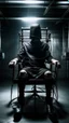 Placeholder: Electrical chair for death sentence, a man sitting on the electrical chair with a black bag covering his face and arms tied to the chairs arms in trajectory theme