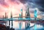 Placeholder: Dreamlike Skyline of Downtown futuristic hightech city in 4050 and a stunning futuristic Bridge During. dark grey and black clouds , storm, dark azur color river, cold colors, come storm, rain, high detalied, sci-fi, landscape