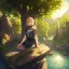 Placeholder: anime girl meditation pose, rock trees, birds, creek, rays of sun