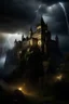 Placeholder: gothic castle, hill, cliff, rocks, storm, lightning, dark, night, towers, lit windows