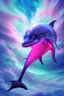 Placeholder: blue silver dolphin radiating pink swirling water with neon fish inside a purple solar flare moody realistic moody clouds ultra detailed 8k