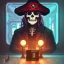 Placeholder: a cyberpunk hacker pirate captain skeleton drinking a beer with a pirate hat sitting in front of a huge old crt monitor in a dark room , only light coming from crt monitor, highly detailed, intricate, digital art, trending on artstation, trending on cgsociety, by greg rutkowski