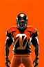 Placeholder: Silhouette of a football linebacker with a punisher skull on front of jersey instead of numbers, orange background, photorealistic