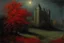 Placeholder: red flowers, distant old castle, night, autumn, one person, dark horror gothic movies influence, disturbing, bernard van beek and alfred munnings impressionism paintings