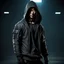 Placeholder: mysterious male Korean assassin, long hair, sweatshirt, post-apocalyptic background, dark and intriguing, confident, intense, handsome, 8K 3D