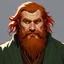 Placeholder: dnd, fantasy, watercolour, sharp, stylistic, portrait, illustration, dull colours, male, dwarf, face, bearded, long brows, frugal, weathered face, green eyes, determined, happy, red hair, very long hair streaming down the shoulders, radiating light, five o'clock shadow, softer facial features, dignified