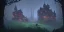 Placeholder: Ruined overgrown small castle in a dense coniferous forest, dynamic lighting, night, misty