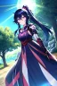 Placeholder: girl, masterpiece, best quality, cinematic lighting, detailed outfit, vibrant colors, perfect eyes, long hair, dark blue hair, pink eyes, ponytail, messy hair, hair between eyes, outdoors, depth of field, ray tracing, armored dress, angry, sun, lens flare, trees,