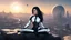 Placeholder: A white woman with black hair, in an android-looking catsuit, sitting on a rock, sideways, with Saturn planet behind her, filling most of the sky, a futuristic city on the horizon, evening sunlight