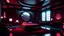 Placeholder: Cyberpunk luxury huge bedroom. very huge bed circle Detailed. Rendered in Unity. Japanese elements. Black and red lighting. Holograms. add a sakura tree into the room. Add a japanese katana in the wall and a gaming pc, samurai armor, cyberpunk big city, huge window, night, red curtain