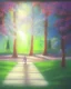 Placeholder: park mystical dream, park bench, man, woman, child, dog, trees, path, bird, sunshine, mystical, fantasy, romanticism, pastel colors, daylight, daytime, acrylic painting, detailed, soft focus,