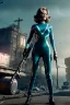 Placeholder: retro sci-fi press image, supermarket explosions from 1960, sweet young Jane Fonda, tight latex suit, weapon, fighting stance, soft color, highly detailed, unreal engine 5, ray tracing, RTX, lumen lighting, ultra detail, volumetric lighting, 3d, finely drawn, high definition, high resolution.