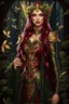 Placeholder: Burgundy hair, dark hair,dark red , rapunzel hair,very long hair,dark fairy princess,elven crown,night,dragonflies,beautiful,ong ashes,golden armor ,sparkle,night blooming,ivy,dark green,lilly of valley,golden elven crown,elven warrior,dark gold armor