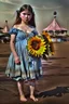 Placeholder: solemn girl in a worn blue dress stands barefoot in a dusty carnival setting, holding a sunflower. A carousel and faded tents loom in the background, with shadowy horses nearby.