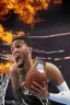 Placeholder: 8k, highly realistic and detailed image of a NBA basketball player in action dunking the ball in the net, sweaty hair, screaming look,action and smoke and flames background