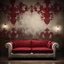 Placeholder: Hyper Realistic Dark Fancy Lounge with Fancy Couch & Grungy Red Damask Texture on Rustic off-white Wall with peeling & vignette effect at night