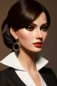 Placeholder: young business woman, brown hair, dark orange eyes, hoop earrings, red blouse, elegant, dark eyeshadow, black eyeliner, high arch angular eyebrows, head and shoulders portrait, 8k resolution, Artgerm, WLOP, Alphonse Mucha dynamic lighting, hyperdetailed, intricately detailed,