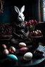 Placeholder: horrori figure in rabbit mask sitting on the floor and eating chocolate around chocolate eggs, brocken vase with flowers, volumetric light, dark colors, surreal dark mood