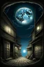 Placeholder: ROOM OF THE MOON BUILDER BUILDING THE MOON HIDDEN SHADOWY FIGURES LABIRINTHINE STREETS STYLE OF HIROKU OGAI