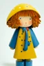 Placeholder: wooden doll, in a blue-yellow raincoat, with a blue hat, with red curls on her head, brown eyes