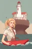 Placeholder: 23 years old girl, with blond hair and a messy bun like selah sue. standing on in a red boat, wearing red clothes and holding binoculars watching something in the middle of the sea. She is standing on a lighthouse. You see the gril in front. It's a ferry. Wes anderson style. In front. Sarcastic vibe.