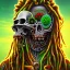 Placeholder: Corps entier Zombie rastafary iron maiden feuille cannabis, yeux rouges, bandeau couleur rasta,4k, couleur chaudes, plage et explosion nucléaire en fond image