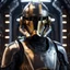 Placeholder: star wars bald male corellian pilot wearing pearlescent black and gunmetal grey First Order special forces heavy assault armor and helmet with gold trim inside the jedi temple, centered portrait, hyperdetailed, dynamic lighting, hyperdetailed background, 8k resolution, volumetric lighting, light skin, fully symmetric details