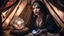 Placeholder: Hyper Realistic photographic-view of Wicked-&-Beautiful-Fortune-teller wearing black-beed-necklace-&-bracelet angrily Looking at her crystal-ball glowing magically & sitting in her tent decorated with fancy-traditional-ornaments-&-feathers showing dramatic & cinematic ambiance"