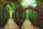 Placeholder: open iron gates made of colorful stained glass, covered in vines, trees, very large entry leading to a lush garden, see lot details in the garden, photo realistic 4k, nature, beautiful hand laid checkered pattern stone walkway path, trending on artstation, sharp focus, studio photo, intricate details, highly detailed, by greg rutkowski