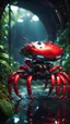 Placeholder: magazine cover, metallic red crab robot chivalry knight with cute face in dark lit reflective wet jungle metallic hall dome hotel tunnel, in the style of fallout 4 game,bokeh like f/0.8, tilt-shift lens 8k, high detail, smooth render, down-light, unreal engine, prize winning