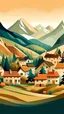 Placeholder: beautiful village, houses, Mountains, trees, papercurl illustration