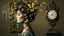 Placeholder: Hypnotic portrait of a woman with hair transforming into golden butterflies, antique wooden frame alive with flowering vines, room where shadows have their own color, art nouveau mirror showing past and future simultaneously, wall clock marking impossible hours, books gently floating, patterned wallpaper coming to life, García Márquez magical realism style