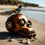 Placeholder: . Robot skull with bird on top of the head. Front view. Game Art