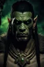 Placeholder: portrait of an orc king with pale skin. scar running across one eye. Tribal Tattoos Dark hair and green eyes. His look is sad. Half of his head is shaved. wearing jewellery. High resolution. 4K. 8K. Dark Fantasy style. Cave in the background