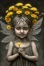 Placeholder: pencil and charcoal sketch of a cute happy little dandelion fairy girl, Mucha inspired emotional nature ephemeral sculptures of Andy Goldsworthy, tiny human form, essence captured as if created by surrealist photographer Noel S Osvald rendered in bright ombre colors, mixed with influences by John Bauer and Tim Burton, faded dark grey background, minimalistic art, with details that reflect advanced rendering techniques that push the drawing's realism even further Modifiers: trending on Artstation