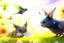 Placeholder: two cute anime chibi cats on either side of the picture looking at a pigeon in the top centre of the picture, flying with an envelope in its mouth in sunshine, flowerfield, watercolor and black ink outlines, ethereal, cinematic postprocessing, bokeh, dof