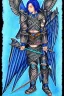 Placeholder: a person in runic armor with blue wings, blue short hair, runic tattoo and spell book