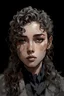 Placeholder: Portrait of a young female with long curly bangs covering her forehead. Include gray eyes, with a carmamelskin complexion. Draw the portrait in the style of Yoji Shinkawa.