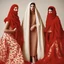 Placeholder: A fashion photography of a group wearing traditional Middle Eastern , no face in a white studio with a red scarf around the head and a long skirt, posing for Vogue magazine in the style of James Bidgood photographed in the style of Tim Walker. --ar 101:128 --v 6. 0