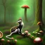 Placeholder: Black cat sitting, mushrooms in a psychedelic forest