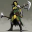 Placeholder: Vex'na is about six feet tall, with shoulders broad enough to suggest she could wield that axe with ease. Her teeth are yellow, her skin bears the mottled green-brown pattern typical of her heritage, but the way she carries herself marks her as someone who has survived to more dangers than most half-orcs manage at ther age in this unforgiving world. There are scars across her arms and neck, white against the darker skin, each one telling a story of battles survived. Her eyes, when you catch them