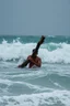 Placeholder: Rain and storm in an ocean with high waves , a man is trying to survive by holding a peace of wood