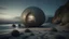 Placeholder: LARGE MINIMALIST SPHERICAL BUILDING ON ROCKY BEACH, Surprised, Uzbek, Concrete, Firefly lights, Tonalism