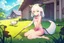 Placeholder: Farm, green grass, house, girl,white hair , sit on grass, cow's tail, cow's horne , cow's under, pink stomach, sweats, small breasts