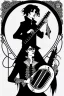 Placeholder: goth male necromancer with black hair playing a hurdy-gurdy in the style of Aubrey Beardsley