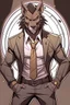 Placeholder: Buff, anthro, wolf, himbo, black fur, gold eyes, wearing a suit, full-body, muscles, strong, muscular, man boobs, bulky, tail, dark fur, smug grin, hands on hips,