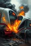 Placeholder: A modern fast train collided with another train causing chaos and fire people are dying in dramatic action view with oil paintings style of hard brush and high quality picture with high resolution 8k