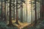 Placeholder: Painting of a lush haunted giant redwood forest , pierced by shafts of soft sunlight at dawn , in the Expressionist style of Egon Schiele, Oskar Kokoschka, and Franz Marc, in muted natural colors, isometric view